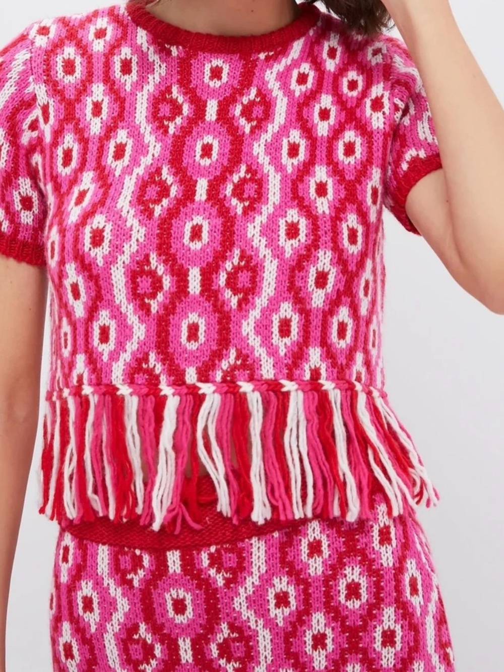 Tuckernuck Hyacinth House Red and Pink Size Small Fringe Geo Knit Mara Top